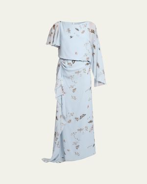 Erdem Garden-Print Draped Chiffon Gown - Blue