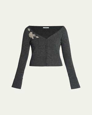 Erdem Embellished Cropped V-Neck Cardigan - Black