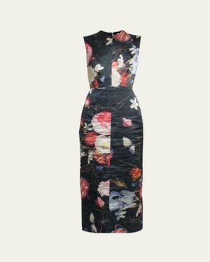 Erdem Sleeveless Floral Satin Midi Pencil Dress - White