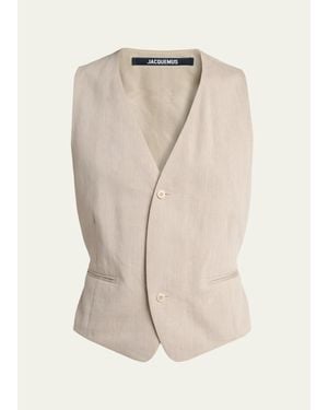 Jacquemus Herringbone Linen-Blend Vest - White