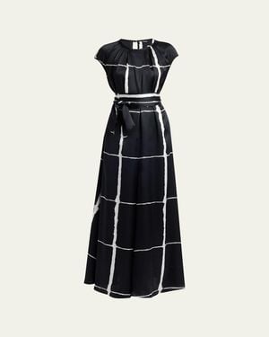 Kiton Windowpane-Print Silk Cap-Sleeve Maxi Dress - Blue