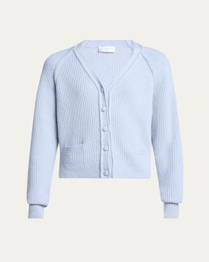 Victoria Beckham Stepped Hem V-Neck Cashmere Wool Cardigan - Blue
