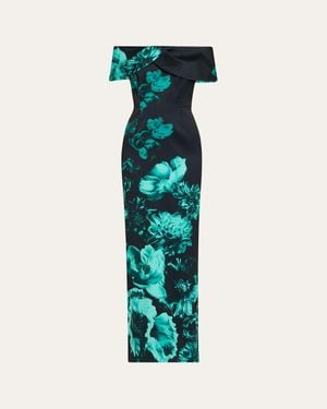 Teri Jon Off-Shoulder Stretch Mikado Column Gown - Blue