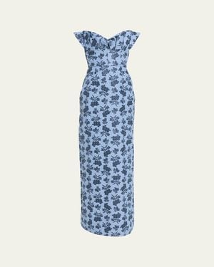 Markarian Rita Strapless Pleated Ruffle Bouquet Jacquard Column Gown - Blue