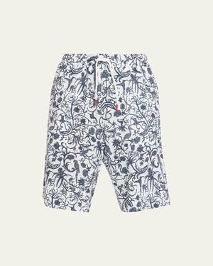 Kiton Printed Linen Drawstring Shorts - Blue