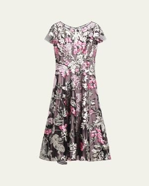 Naeem Khan Sequin Floral Short-Sleeved Tea Dress - Multicolor