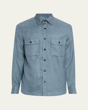 Brioni Silk, Cashmere And Linen Military Shirt - Blue