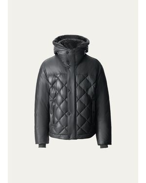 Mackage Cash Down Quilted Leather Jacket With Shearling Hood - Blue