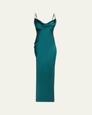 Balmain Cowl-Neck Embroidered Strap Silk Column Gown - Green