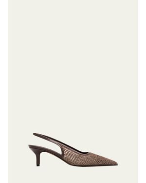 Brunello Cucinelli 55Mm Monili Suede-Trimmed Slingback Pumps - Natural