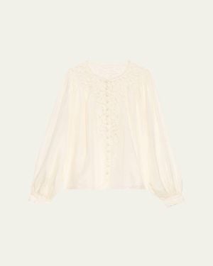 LoveShackFancy Carine Silk Lace Blouse - Natural
