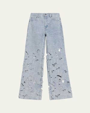 Alice + Olivia Chic Embroidered Eyelet Bootcut Jeans - Blue