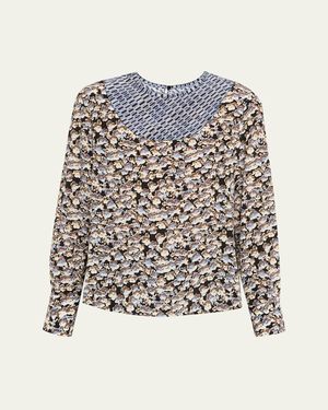Marni Anemone Floral Silk Crepe De Chine Long-Sleeve Blouse - White