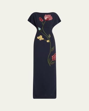 Lela Rose Savannah Sequined Floral Embroidered Empire Gown - Blue