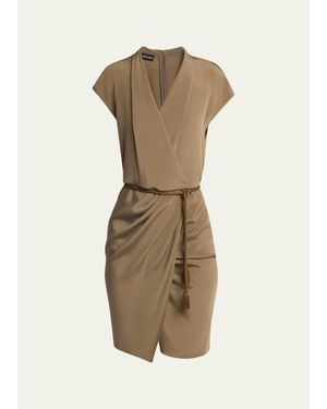 Giorgio Armani Rope Belted Short-Sleeve Draped Dress - Natural
