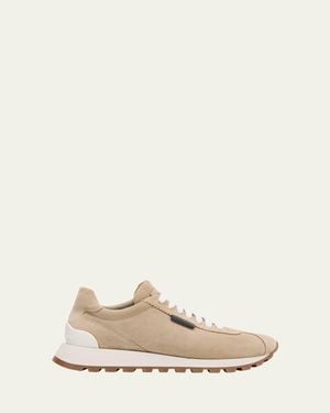 Brunello Cucinelli Suede Monili-Tab Runner Sneakers - Natural