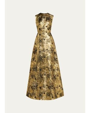 Reem Acra Metallic Floral Brocade Sleeveless A-Line Gown