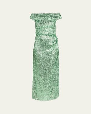 Erdem Beaded Fringe Off-The-Shoulder Midi Cocktail Dress - Green