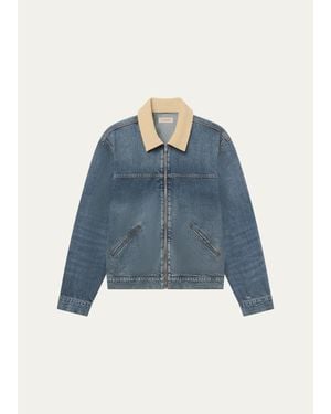 FRAME Corduroy-Collar Denim Zip Trucker Jacket - Blue