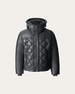 Mackage Cash Down Quilted Leather Jacket With Shearling Hood - Blue