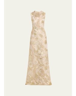 Reem Acra Metallic Floral Embroidered Sleeveless Gown - Natural