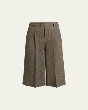 Saint Laurent Herringbone Wool Culotte Shorts - Natural