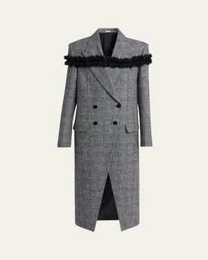 McQueen Ruffle Paillette Check Tweed Double-Breasted Long Coat - Gray