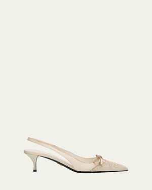 Prada 55Mm Perforated Leather Slingback Pumps - Natural