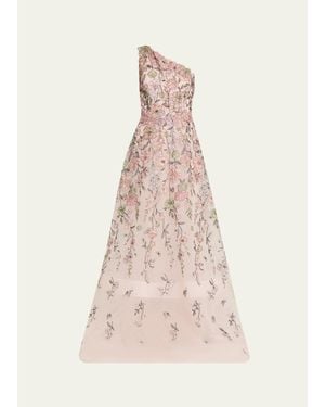 Teri Jon One-Shoulder Embroidered Tulle Gown - Pink