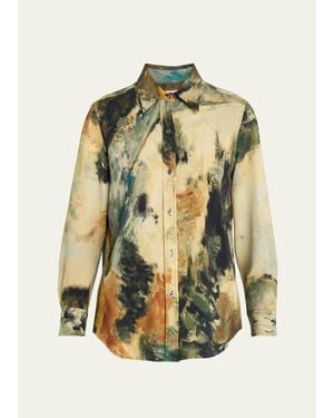 Libertine Modernist Landscape Silk Button-Down Shirt - Metallic