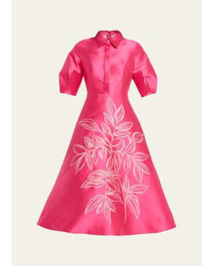 Teri Jon Puff-Sleeve Gazar Midi Shirtdress - Pink