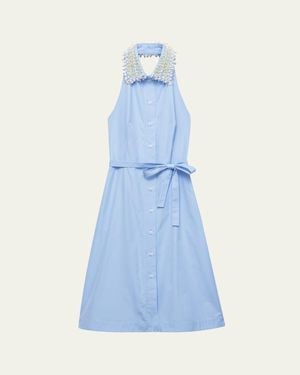 Prada Embellished-Collar Belted Cotton Halter Shirtdress - Blue