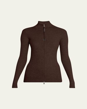 Brunello Cucinelli Ribbed Long-Sleeve Monili Zip-Up Top - Brown