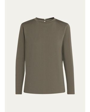 Brunello Cucinelli Long-Sleeve Monili Crewneck Cotton T-Shirt - Green