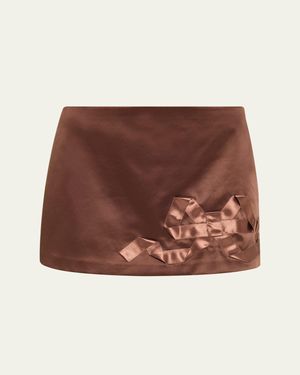 LoveShackFancy Nadina Satin Bow Detail Mini Skirt - Brown