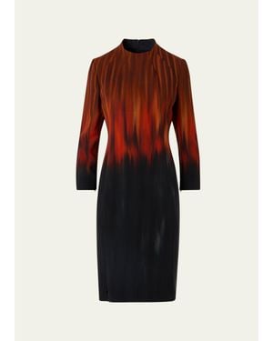 Akris Fuego-Print Long-Sleeve Wool Double-Face Slit Dress - Red