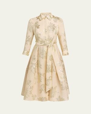 Teri Jon Pleated Metallic Jacquard Midi Shirtdress - Natural
