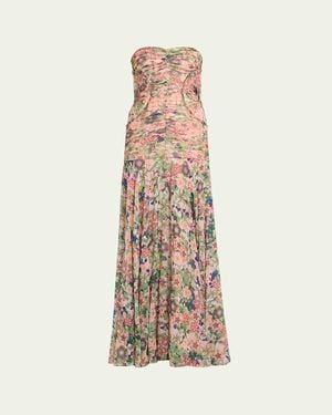 Saloni Kristie Strapless Floral Drop-Waist Gown - White
