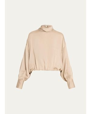 Brunello Cucinelli Fluid Silk Satin Long-Sleeve Bubble Blouse - Natural