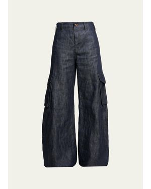 Gabriela Hearst Eos Cotton-Linen Sculptural Flared Cargo Pants - Blue