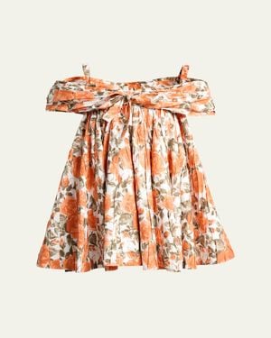 Chloé Floral Pleated Off-The-Shoulder Mini Babydoll Dress - Orange