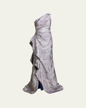 Teri Jon One-Shoulder Jacquard Side-Ruffle Gown - Multicolor