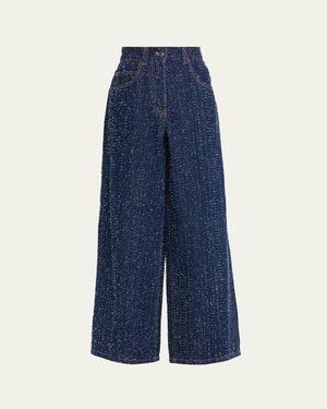 Ronny Kobo Solene Wide-Leg Textured Denim Jeans - Blue