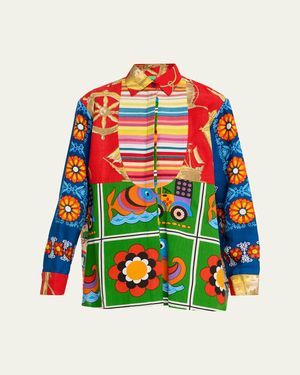 Rianna + Nina Mixed-Print Bib Button-Down Shirt - Red