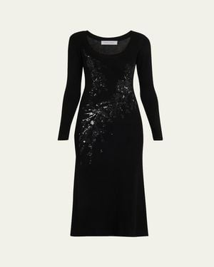 Prabal Gurung Sequin Floral-Embroidered Rib Knit Midi Dress - Black
