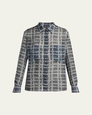 Giorgio Armani Sheer Silk Plaid Button-Front Shirt - Blue