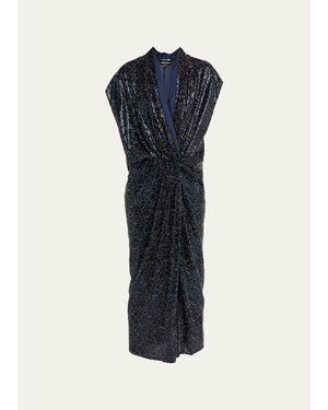 Giorgio Armani Sequined Cap-Sleeve Gathered Dress - Blue