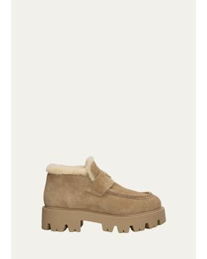 Prada 50Mm Triangle Logo Shearling-Lined Suede Loafers - Natural