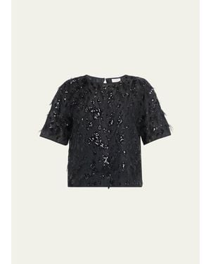 Brunello Cucinelli Animalier Sequined Fringe Silk Short-Sleeve Top - Black
