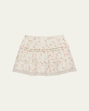 Prada Flower Print Tiered Ruffle Linen Mini Skirt - Natural